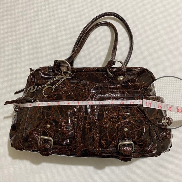 Chenson Brown Leather Patent Faux Croc Pattern Double Zipper Handbag - Picture 12 of 16